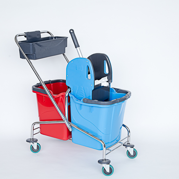 CARRELLO CROMATO A 2 SECCHI LT.25+25 CON STRIZZATORE E PORTAOGGETTI