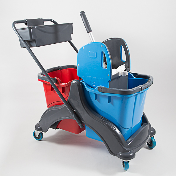 CARRELLO IN PLASTICA A 2 SECCHI 25+25lt CON STRIZZATORE E PORTAOGGETTI