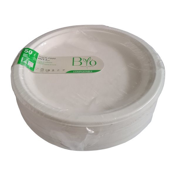 BYO' PIATTI PIANI IN POLPA DI CELLULOSA BIOCOMPOSTABILI Ø22,5cm - 50 pezzi