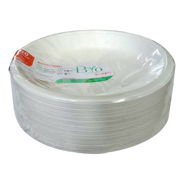 BYO’ PIATTI FONDI BORDOFINO IN POLPA DI CELLULOSA BIOCOMPOSTABILI Ø20,5cm 680ml – 50 pezzi