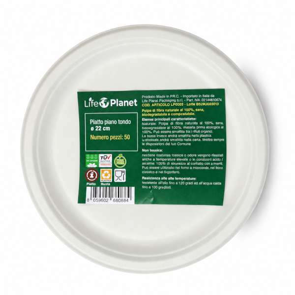 LIFE PLANET PIATTI PIANI MONOUSO IN CANNA DA ZUCCHERO BIOCOMPOSTABILI Ø22cm – 50 pezzi