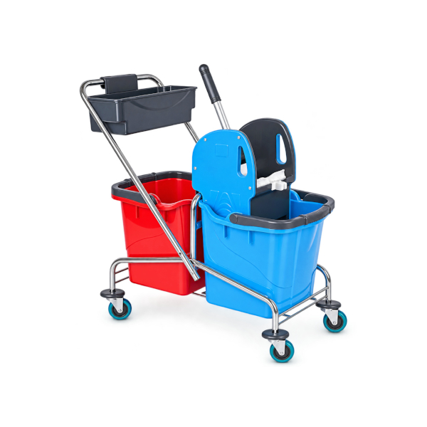 CARRELLO CROMATO A 2 SECCHI LT.25+25 CON STRIZZATORE E PORTAOGGETTI