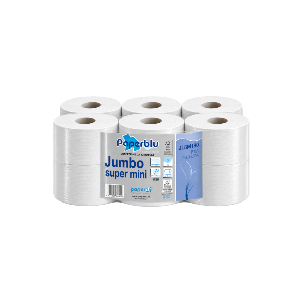 CARTA IGIENICA JUMBO SUPER MINI 180mt 2veli IN PURA CELLULOSA - 12 ROTOLI